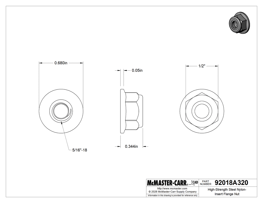 Technical Drawing of High-Strength Steel Nylon-Insert Flange Nut, Grade G, Zinc-Yellow-Chromate-Plated, 5/16"-18 Thread Size.